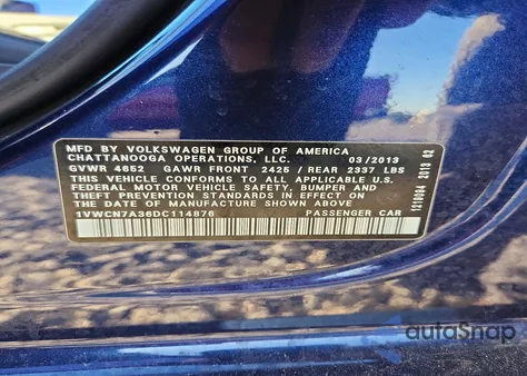 2013 Volkswagen Passat Sel z USA, uszkodzony, nr VIN 1VWCN7A36DC114876